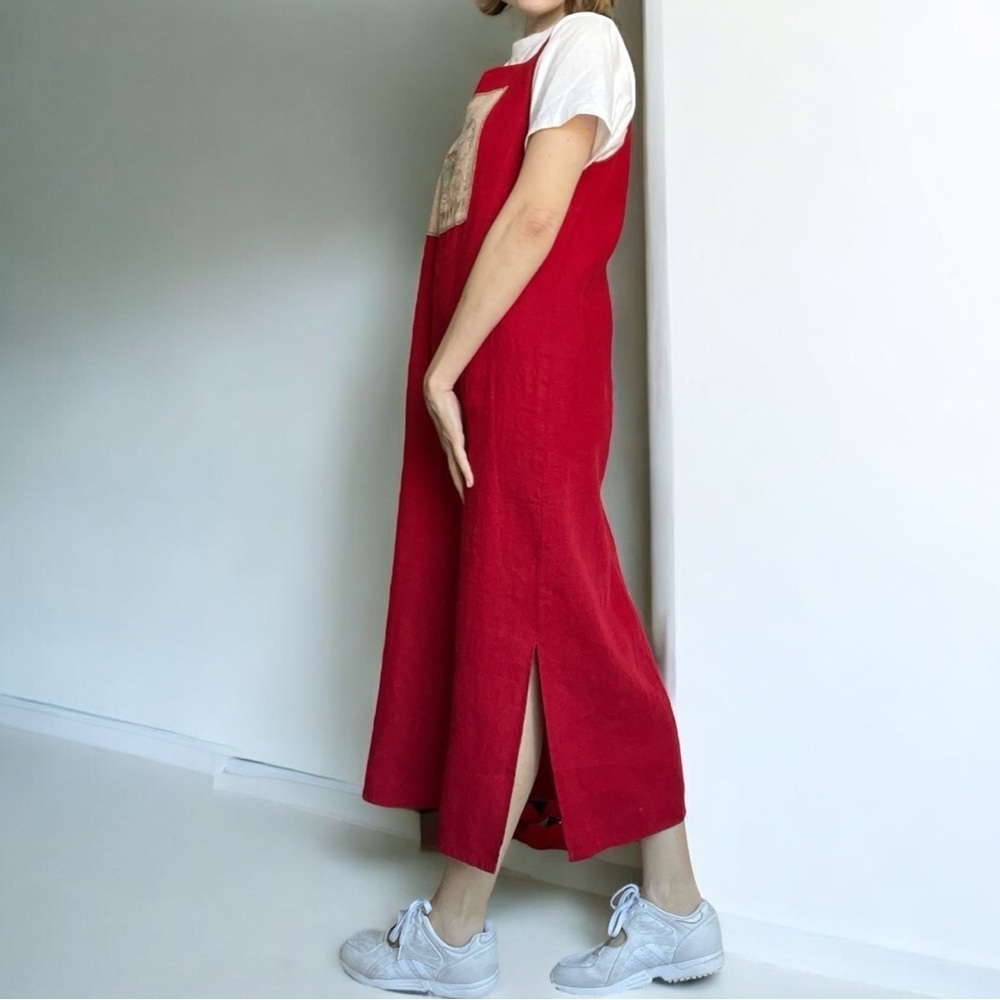 VTG 90s Red Linen Column Dress Lagenlook Coastal Grandma Midi Pinafore Dress 6 - Picture 3 of 10